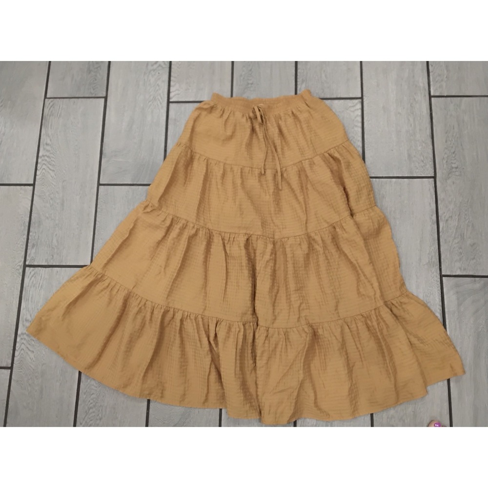 Moon River Mustard Yellow Tiered Maxi Skirt Gold Metallic Pinstripe Boho Medium